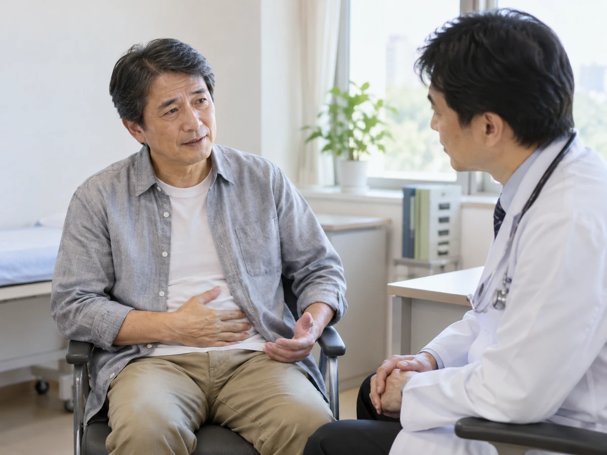 腹部に手を添える男性患者が診察室で医師に痛みを相談している様子