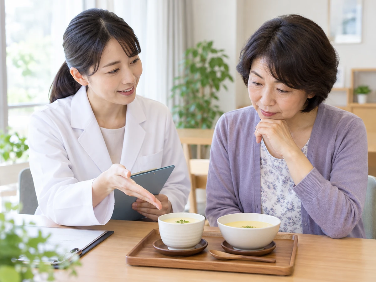 食べやすい食事について栄養担当者に相談する女性の写真