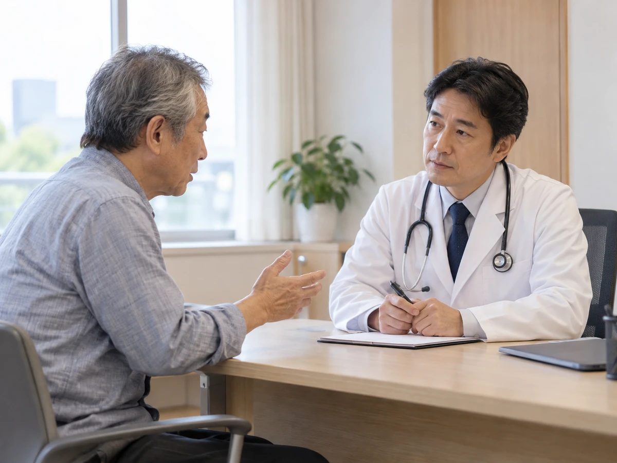 男性と医師が向かい合い、治療について話し合っている。