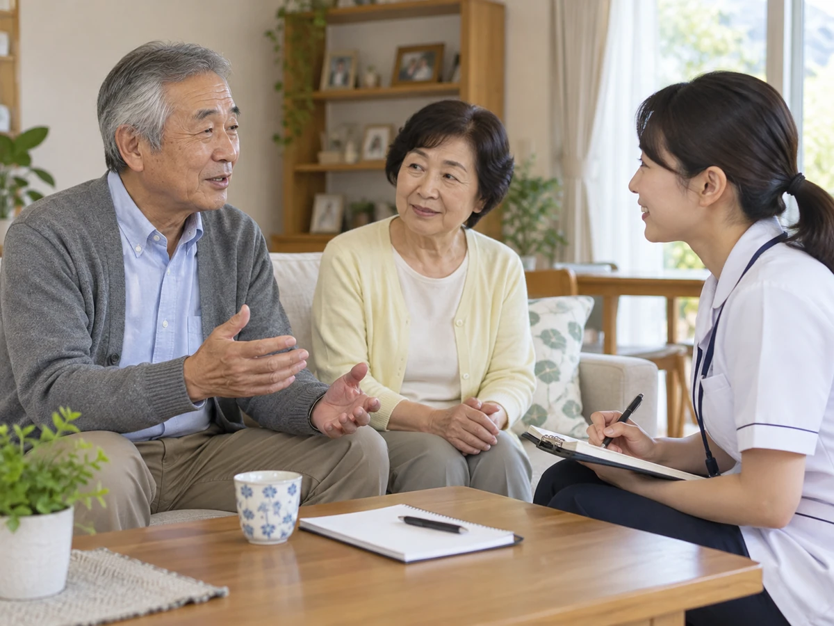 自宅で男性と家族が訪問看護師に相談するイメージ