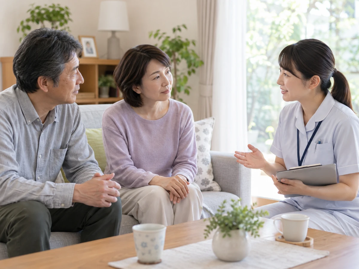 自宅のソファで訪問看護師の説明を聞く女性と家族の写真