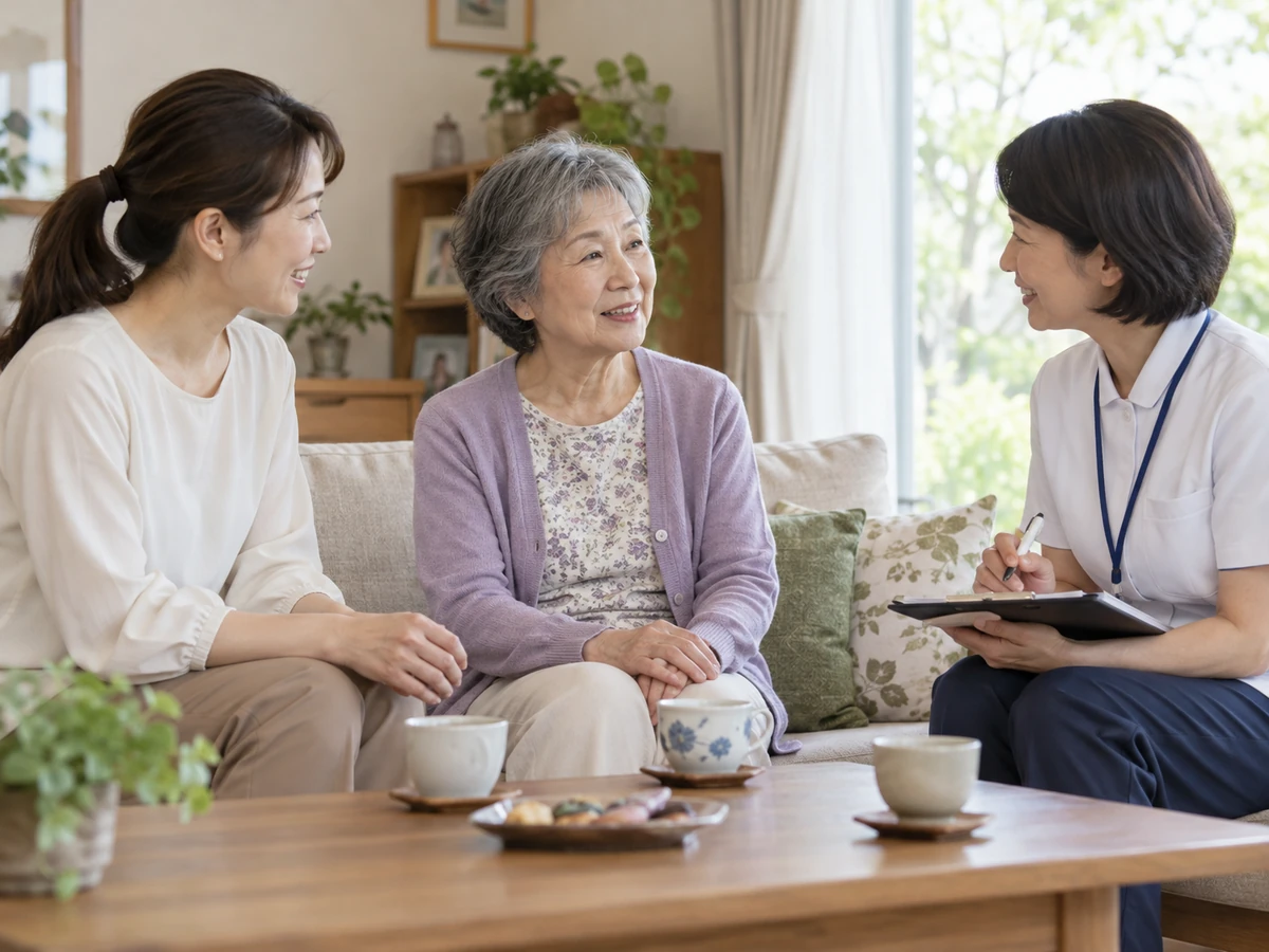 自宅で娘とともに訪問する看護師へ相談する高齢女性