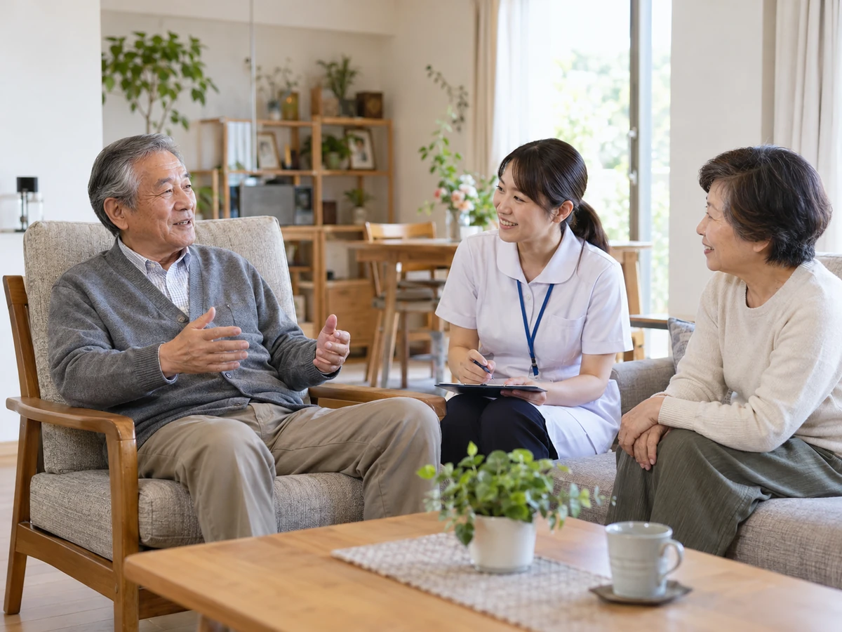 自宅のリビングで療養中の男性と家族が訪問看護師に相談しているイメージ