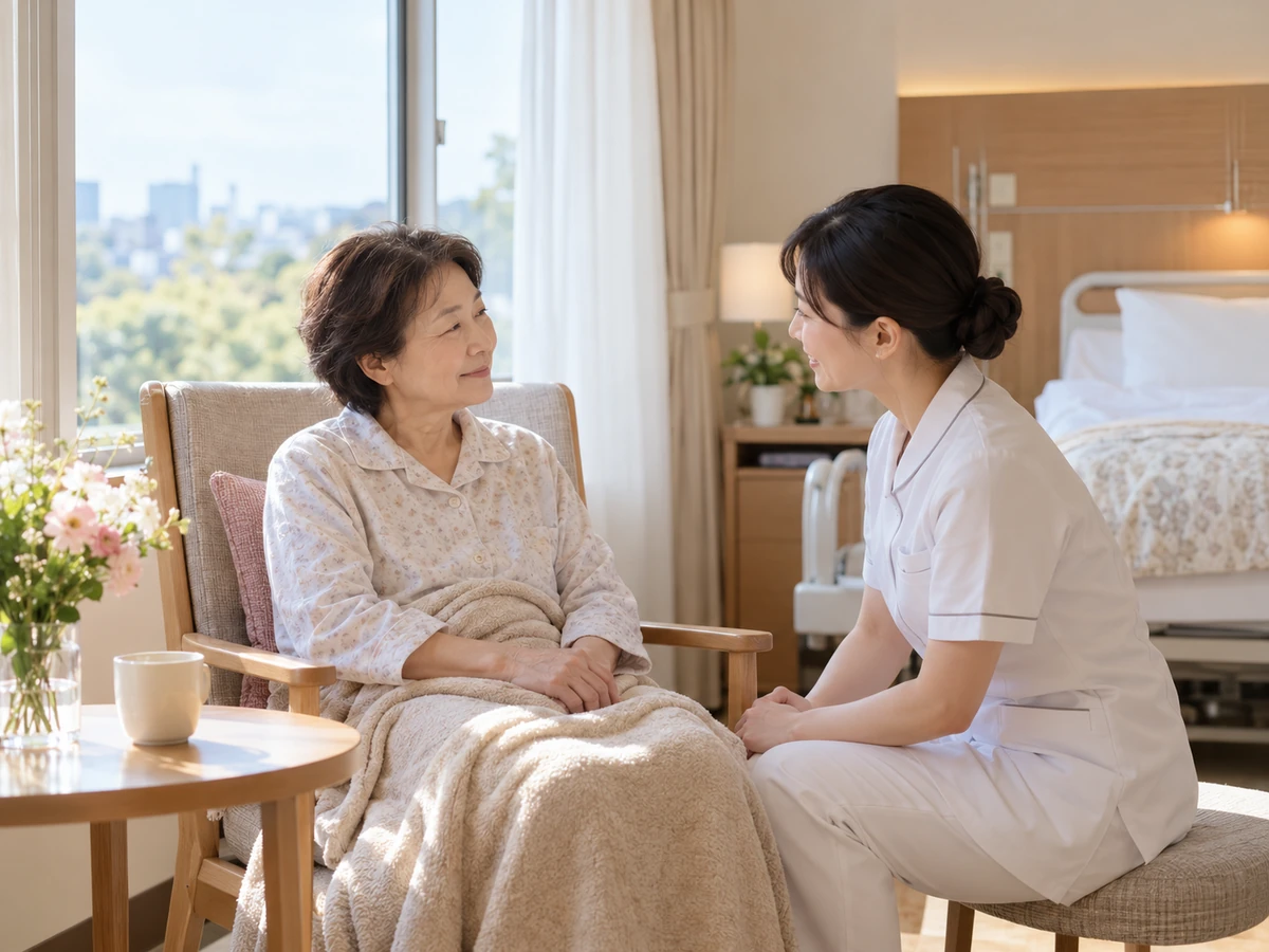 緩和ケア病棟をイメージした落ち着いた部屋で、女性が看護師と話している。