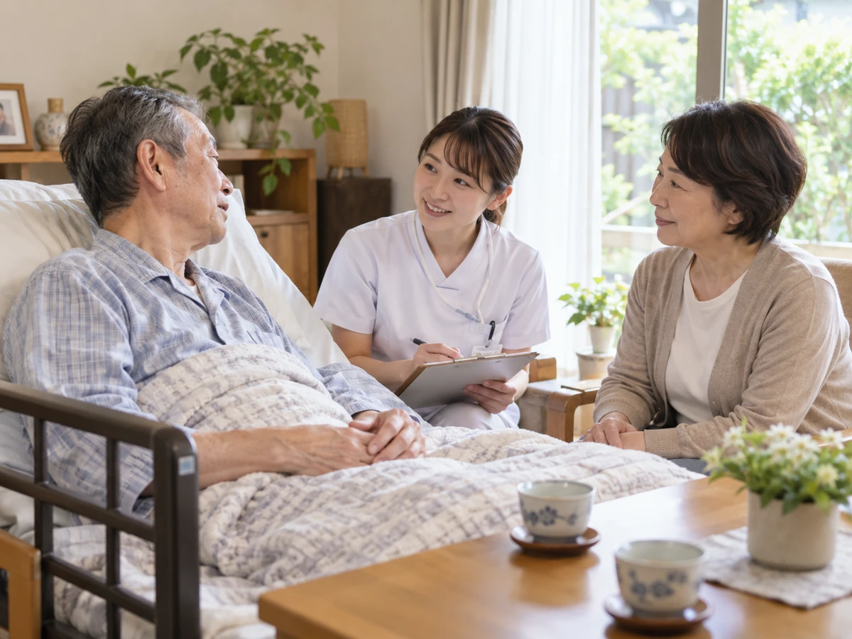 自宅のベッドで家族とともに訪問看護師と話す年配の男性