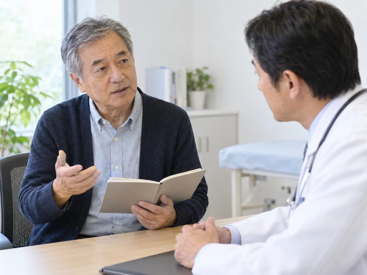 質問をまとめた手帳を開き、主治医に希望や疑問を伝える男性