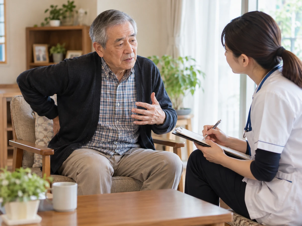 自宅で男性が腰に手を添え、痛みについて看護師に話している。