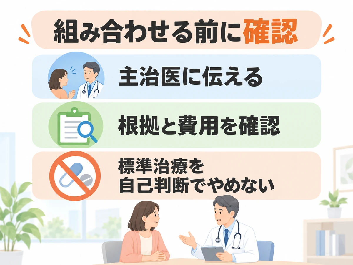 統合医療を組み合わせる前に、主治医への相談、根拠と費用の確認、標準治療を自己判断でやめないことを示す図。