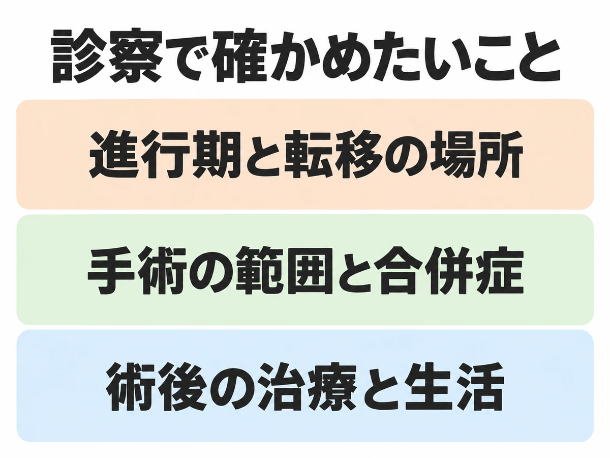 診察で確認する進行期と転移の場所、手術の範囲と合併症、術後の治療と生活を示した図