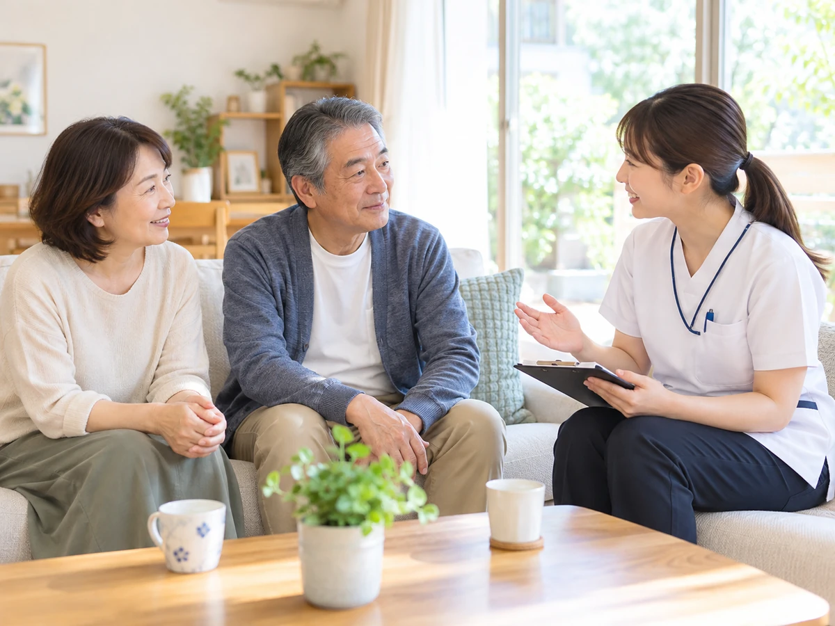 自宅で訪問看護師と話す夫婦の写真