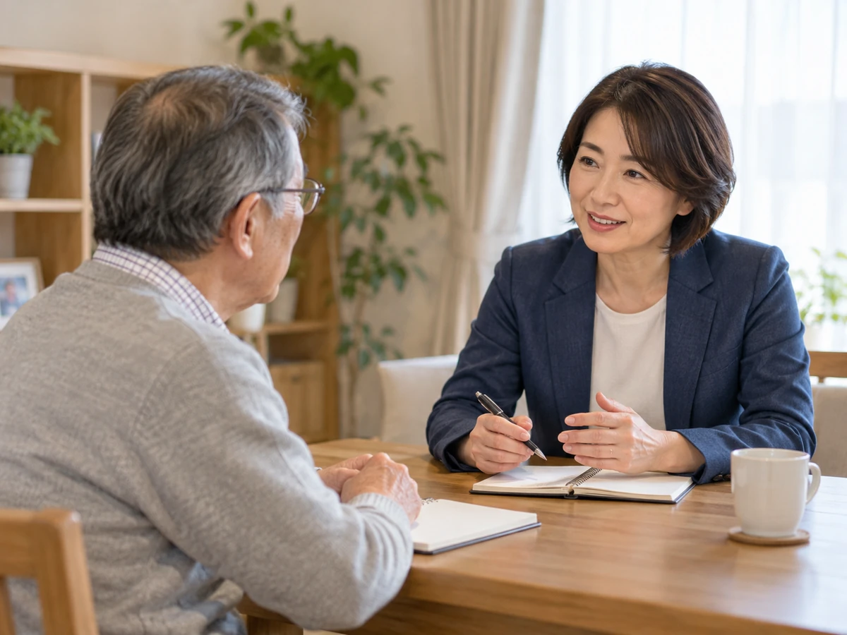 落ち着いた相談室で相談員と話す男性の写真