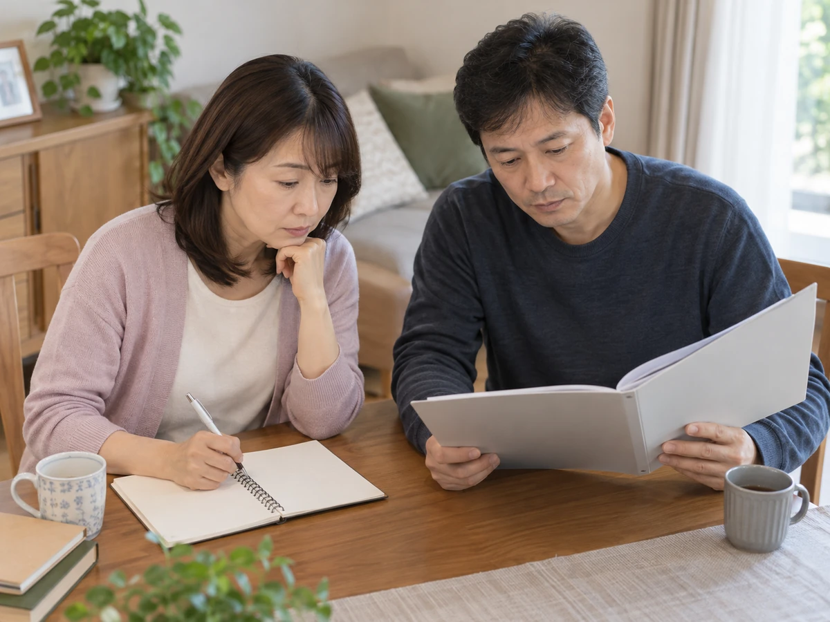 自宅で資料を見ながら、女性が質問をノートに書き留める様子