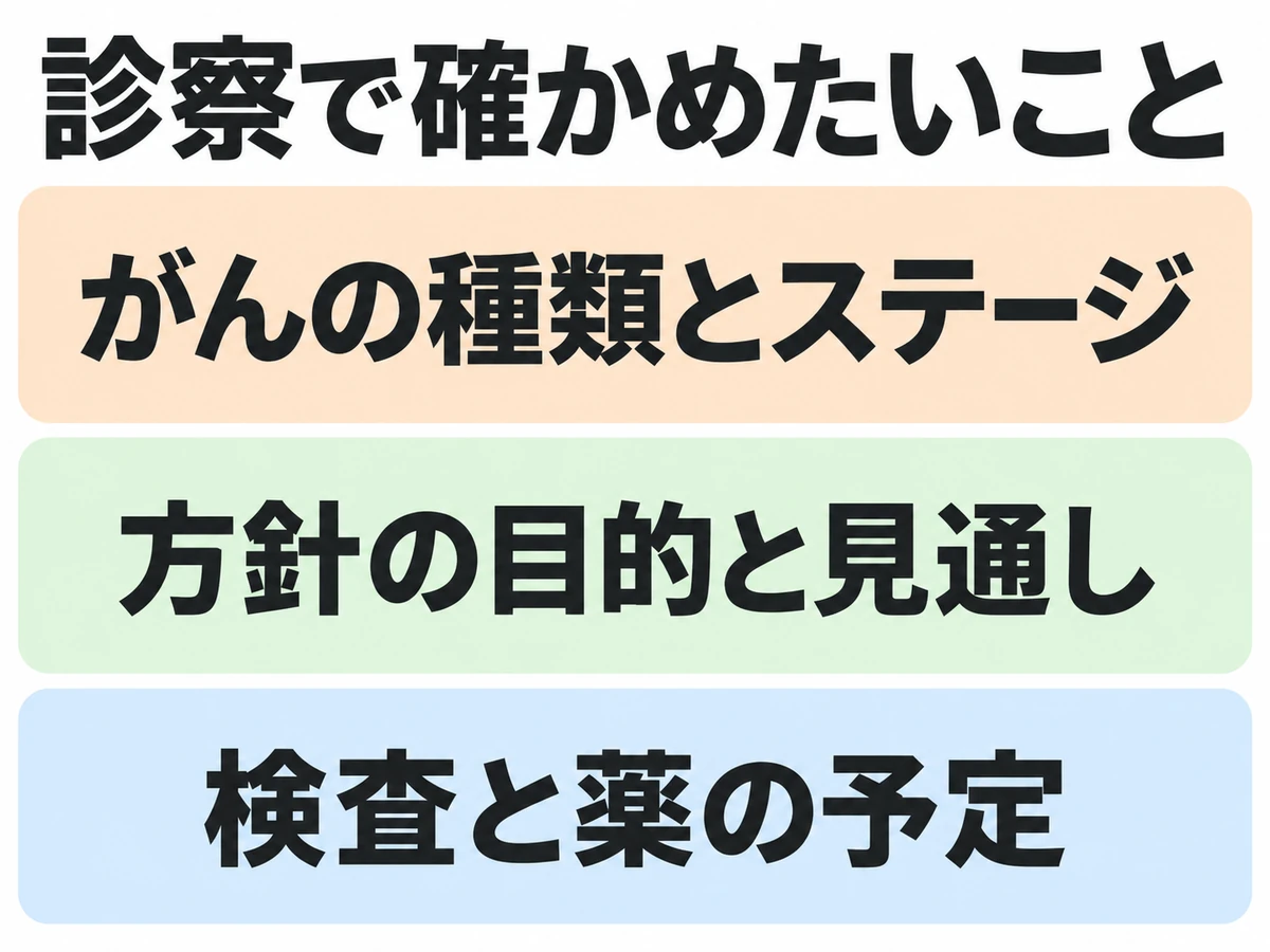 診察で確かめたい、がんの種類とステージ、方針の目的と見通し、検査と薬の予定