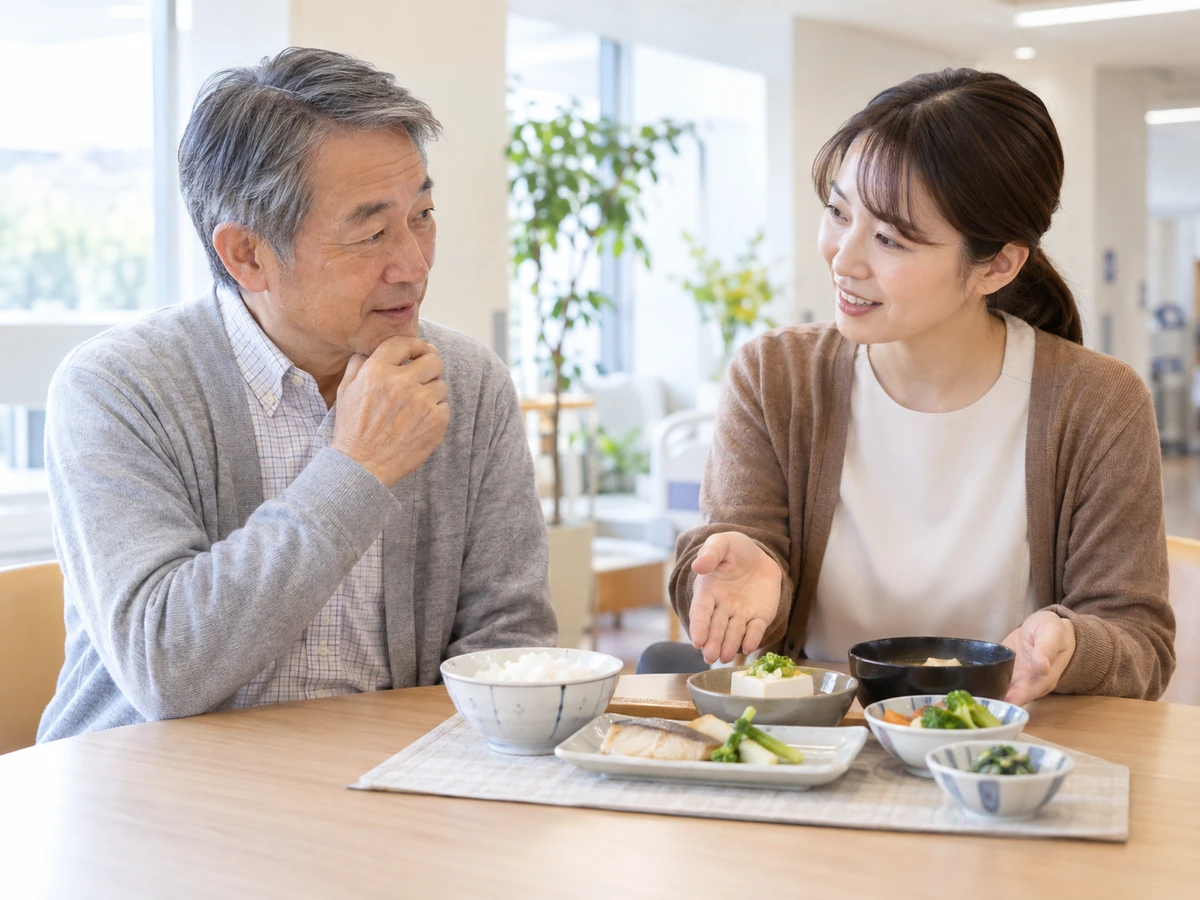 食事が並ぶテーブルで男性患者と栄養相談の担当者が食べ方について話している様子