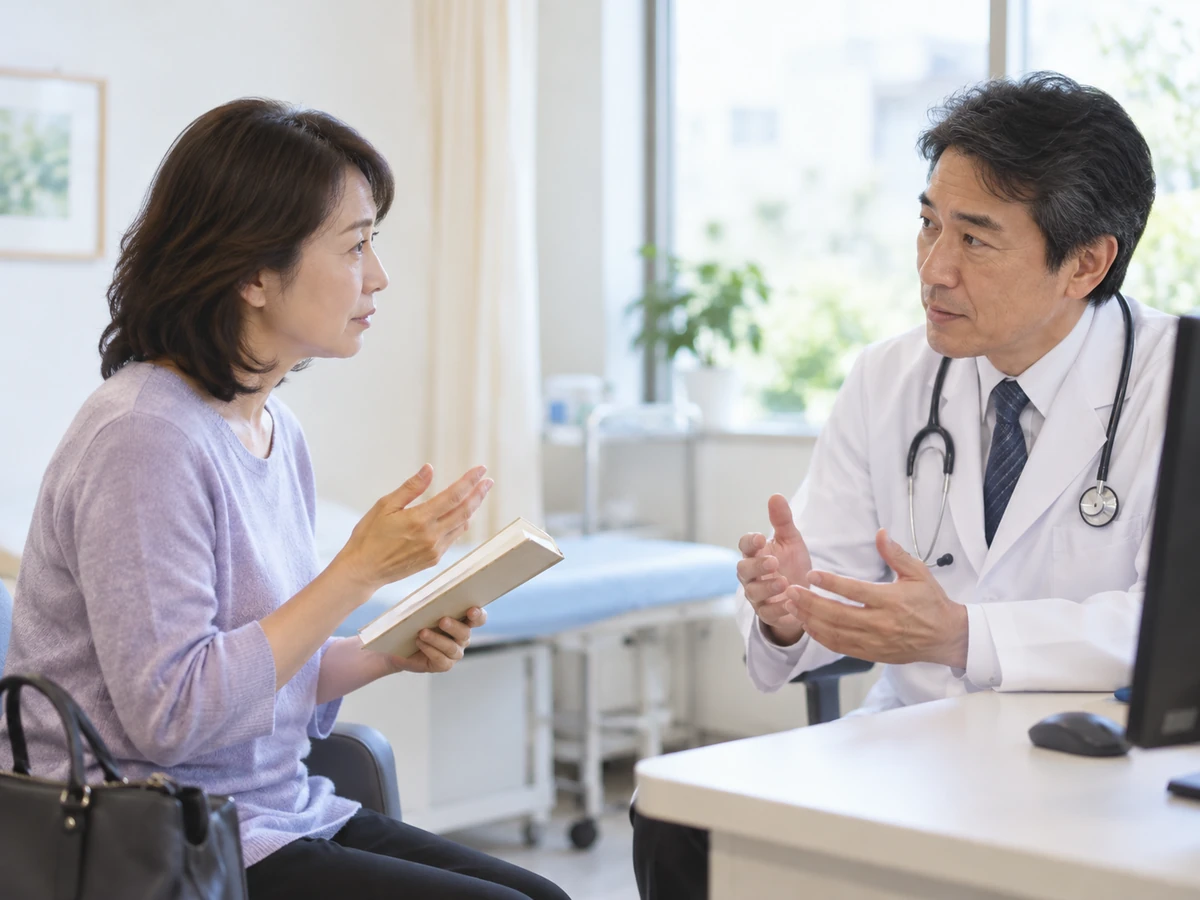 ノートを手にした女性が医師に質問しながら説明を聞いている様子