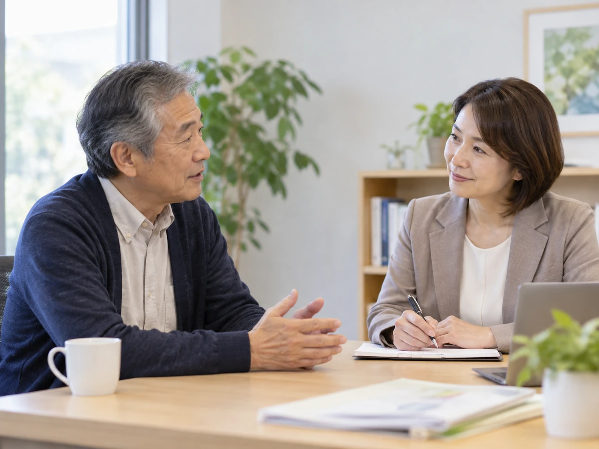 がんの悩みを相談員に話す男性のイメージ