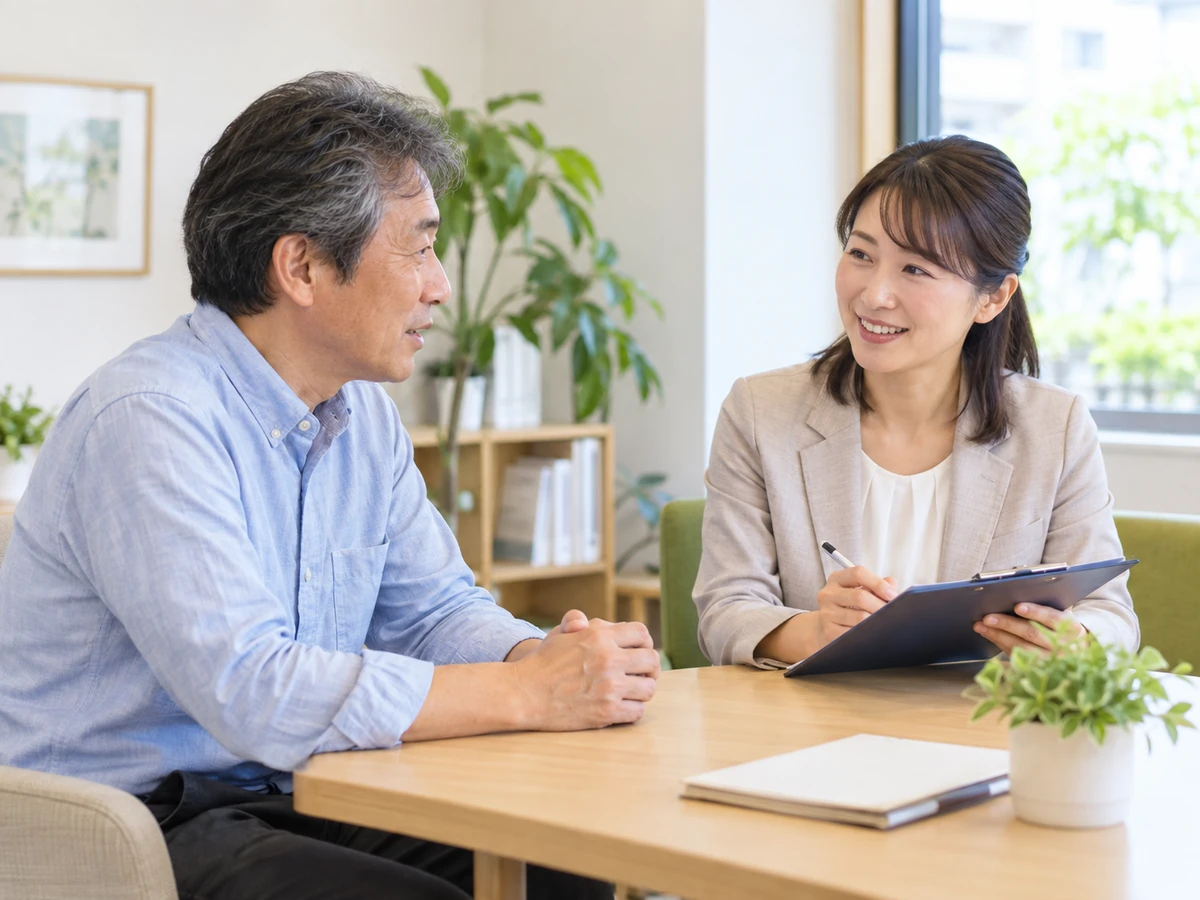 相談員へ話をする高齢男性の写真