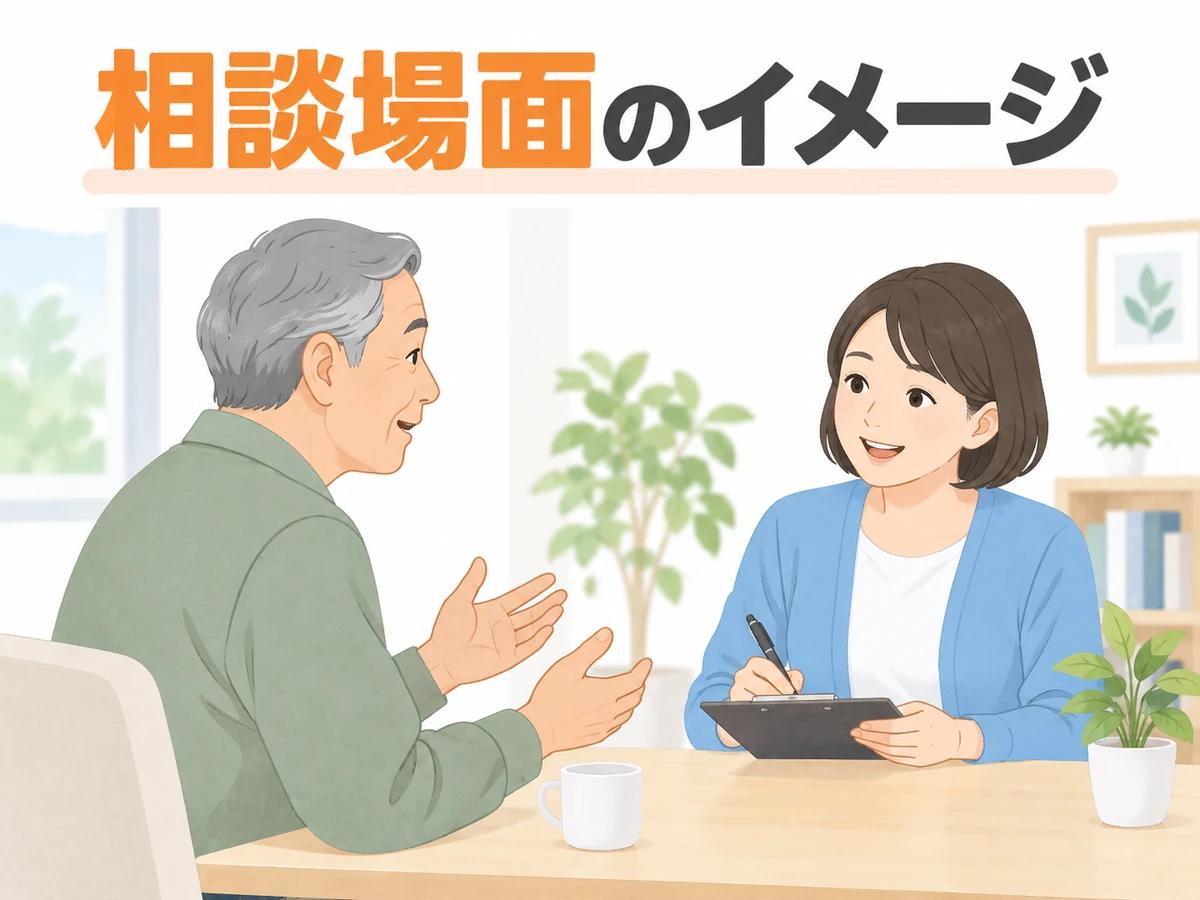 相談場面のイメージと明記した、男性と相談員のイラスト