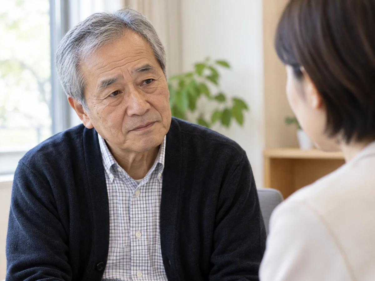 落ち着いた相談室で相談員の話を聞く高齢の男性