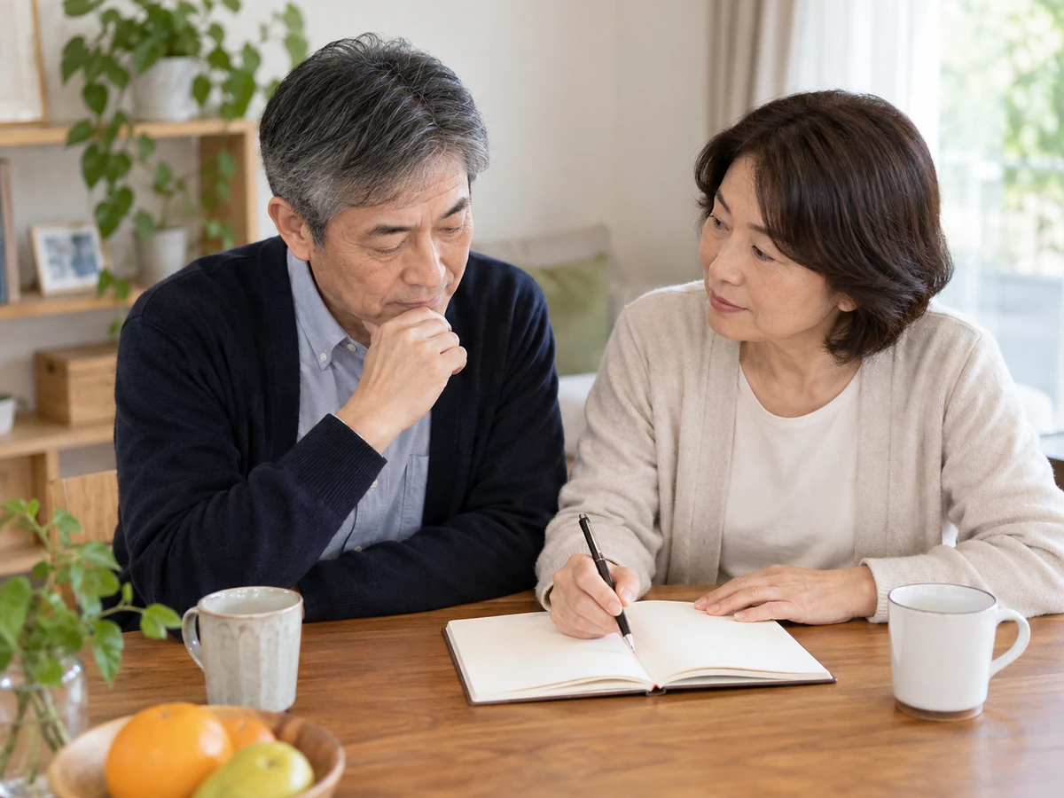 女性と家族が自宅でノートを見ながら、主治医に確認したい質問を整理している。
