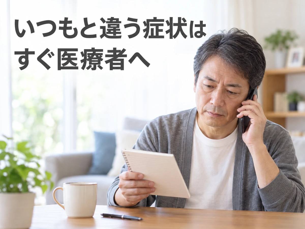 ノートを見ながら電話する男性と、いつもと違う症状はすぐ医療者へ伝えるよう案内する文字。