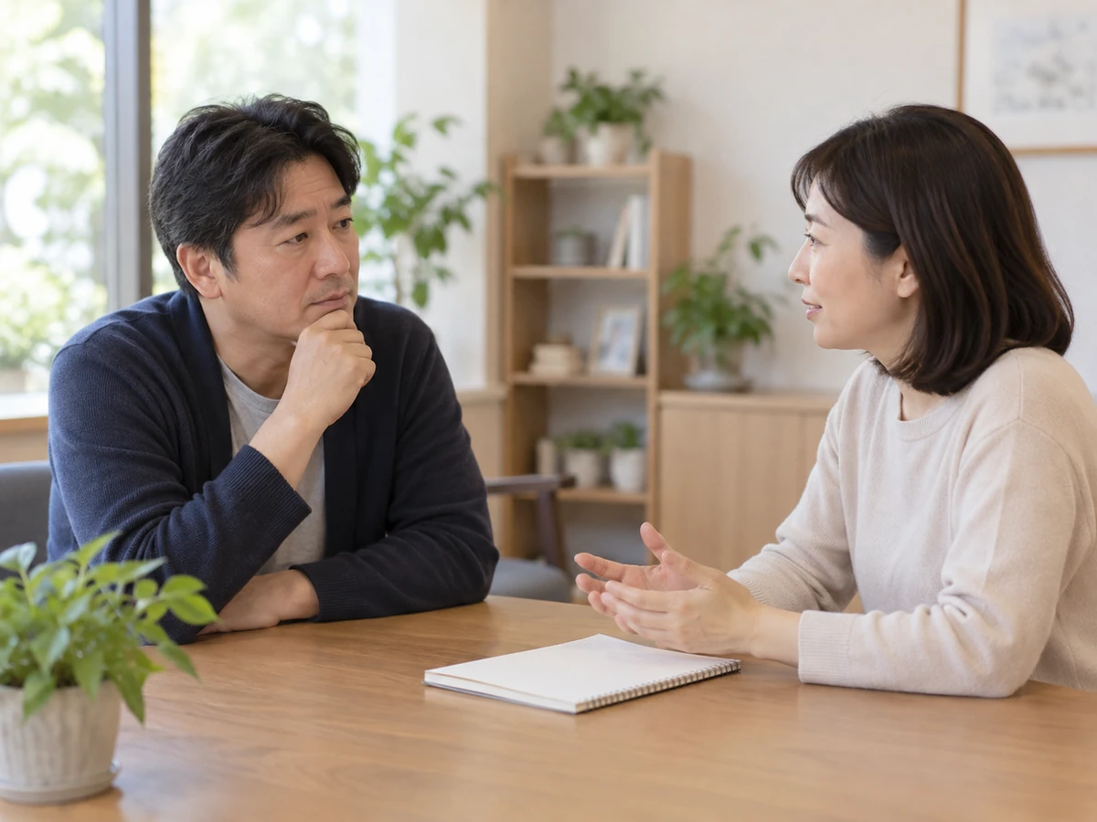 落ち着いた相談室で、男性が相談相手の女性の話を聞く様子