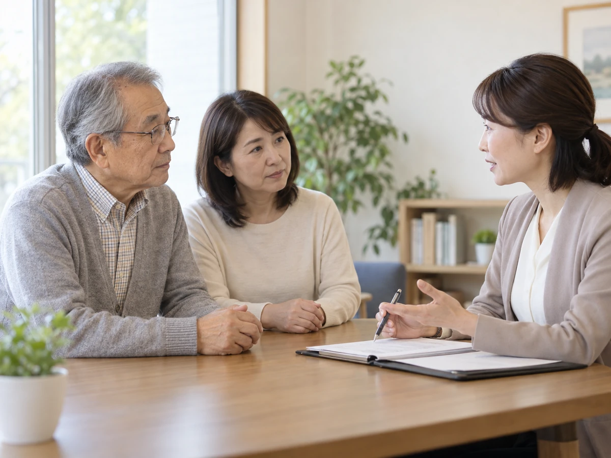家族とともに相談員の説明を聞く年配の男性