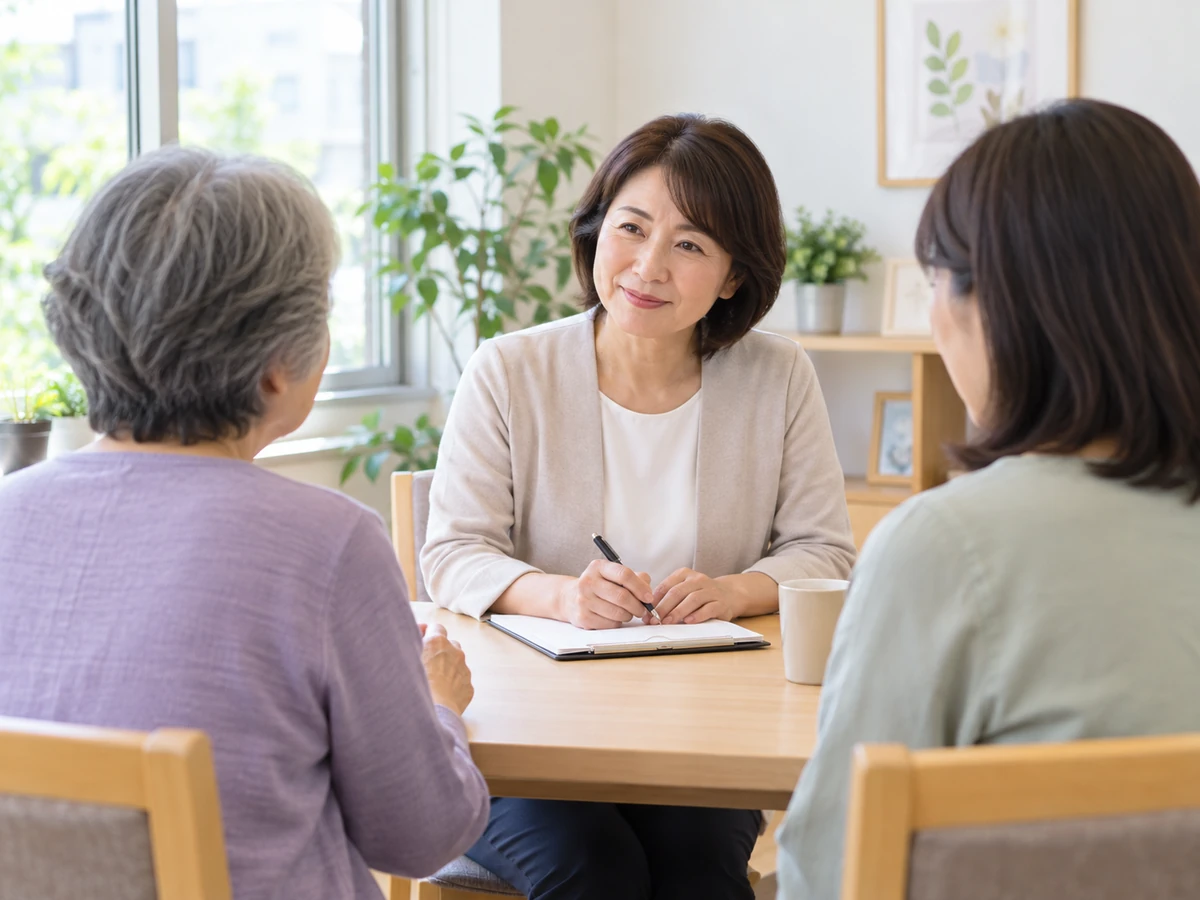 家族と相談員が落ち着いた場所で話し合う相談場面