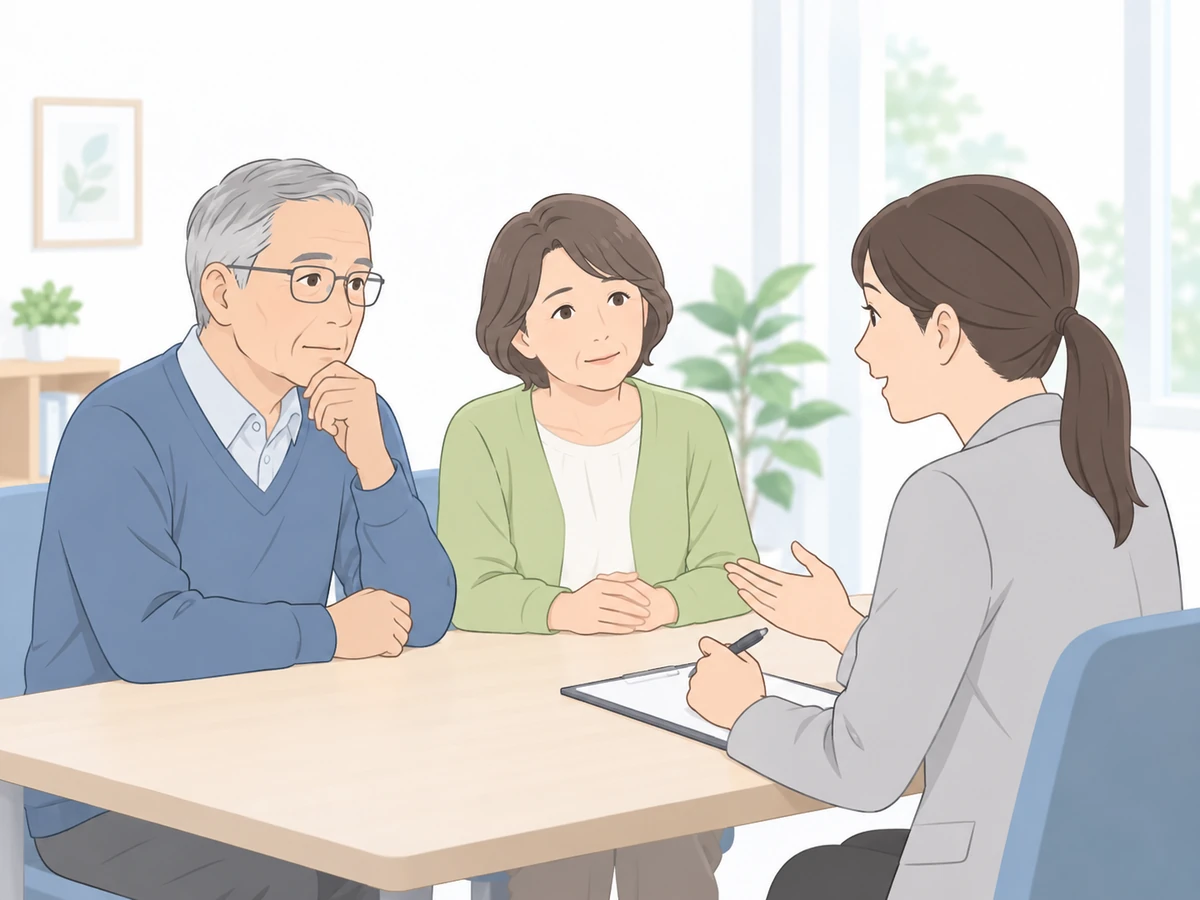 年配の男性と家族が相談員に話を聞く相談事例のイメージイラスト