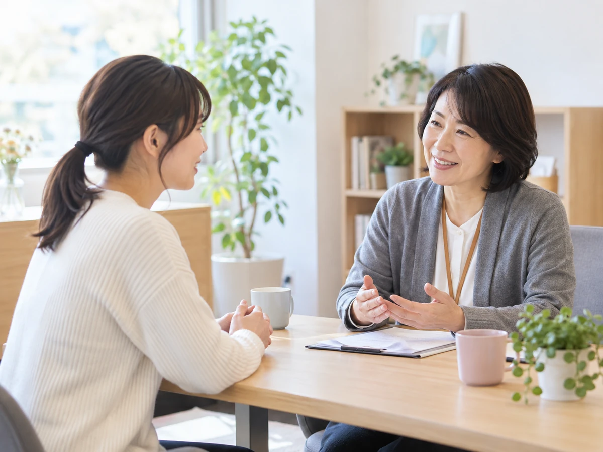 明るい相談室で相談員に話をする女性の写真