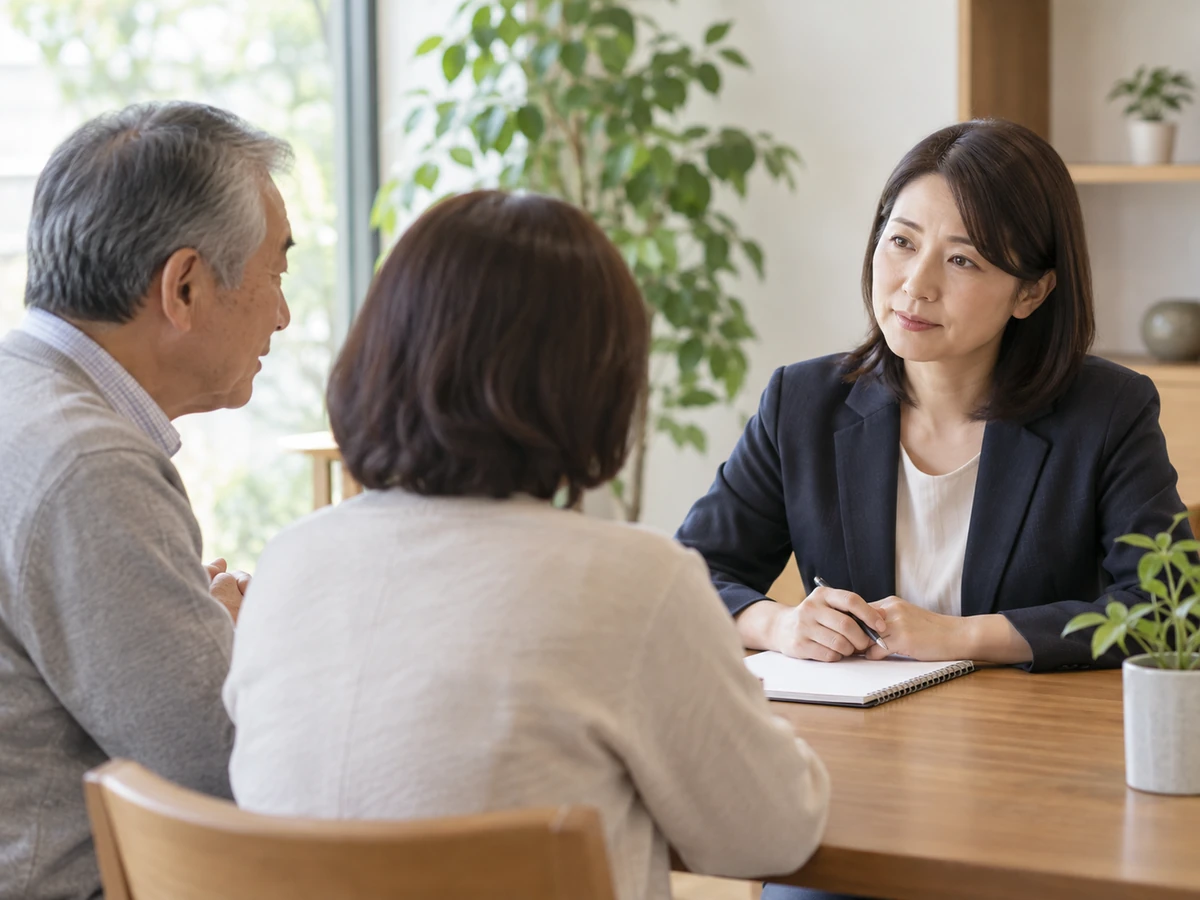 相談室で年配の夫婦が女性相談員の話を聞いている様子