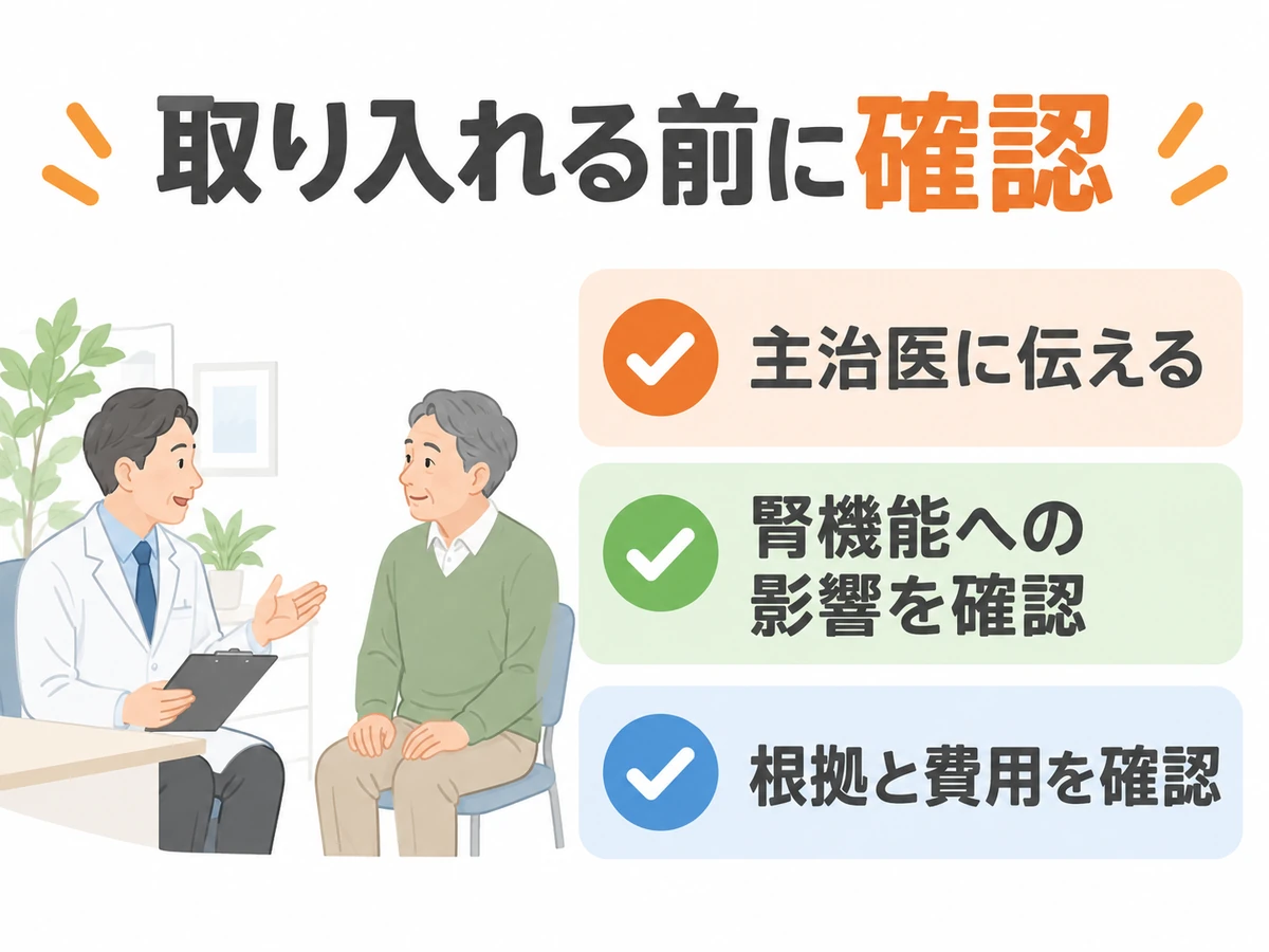 取り入れる前に、主治医へ伝えること、腎機能への影響、根拠と費用を確認するよう促す図解。