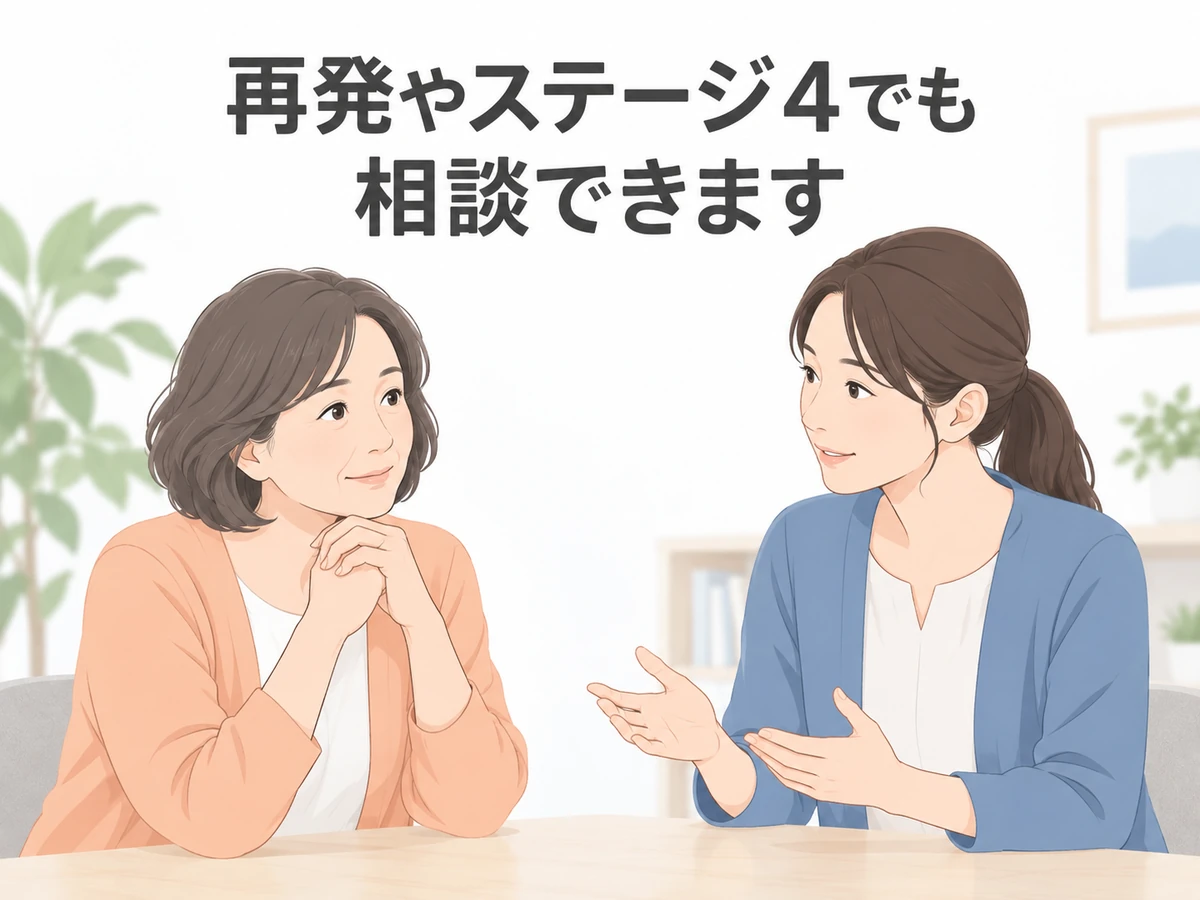 再発やステージ4でも相談できることを伝える、女性と相談員のイラスト
