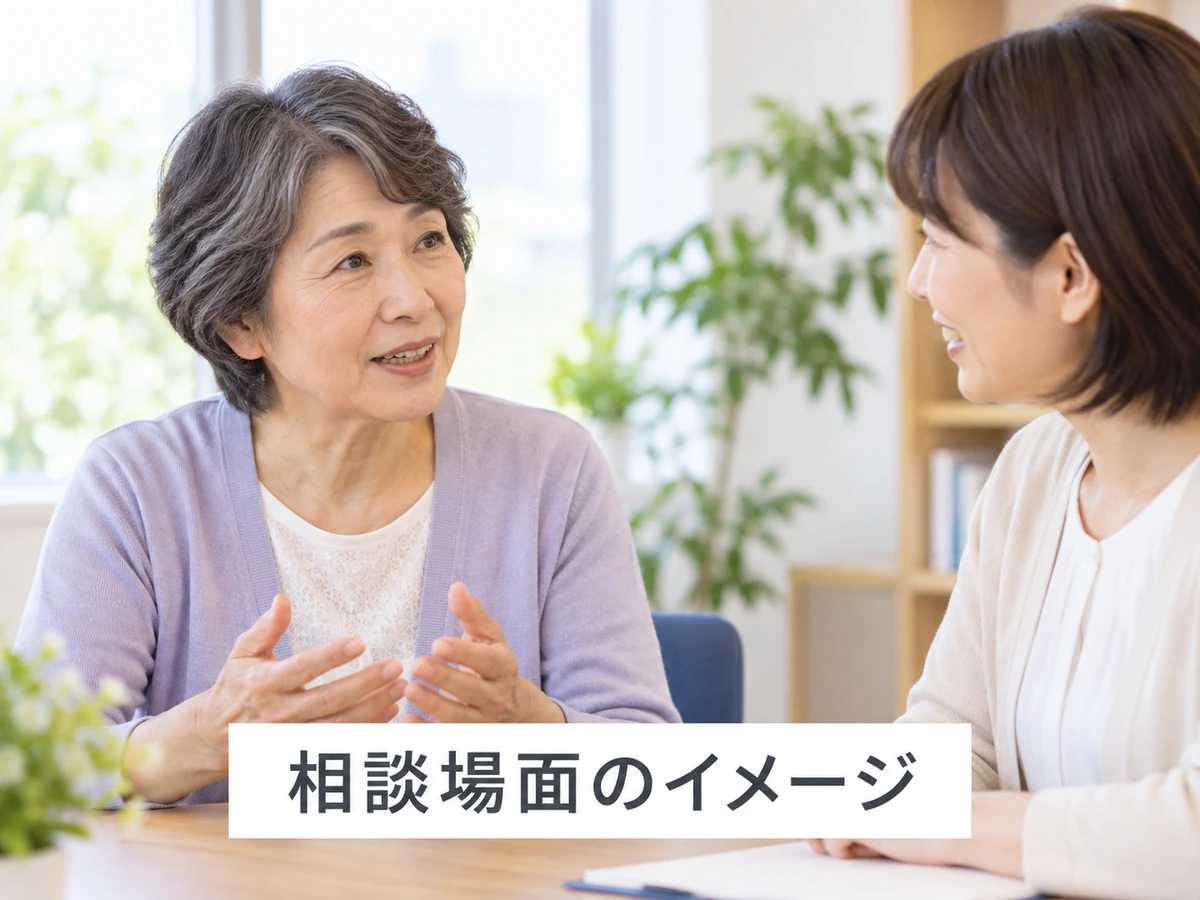 相談場面のイメージであると明記した、高齢女性と相談相手の対話