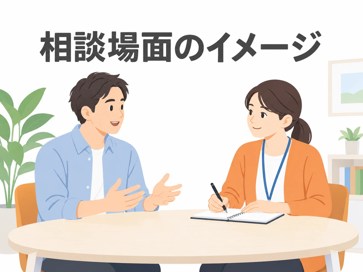 男性と相談員が話す架空の相談場面を、イメージと明示したイラスト