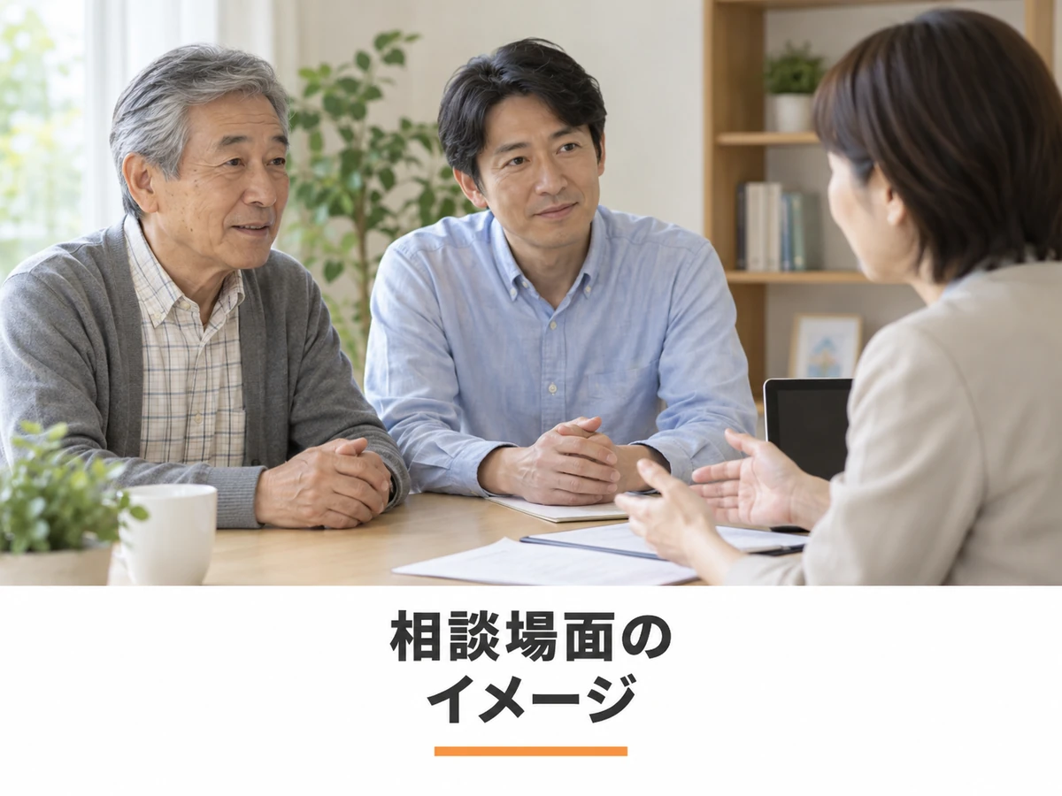 高齢の男性と家族が相談員に話を聞く架空の相談場面のイメージ