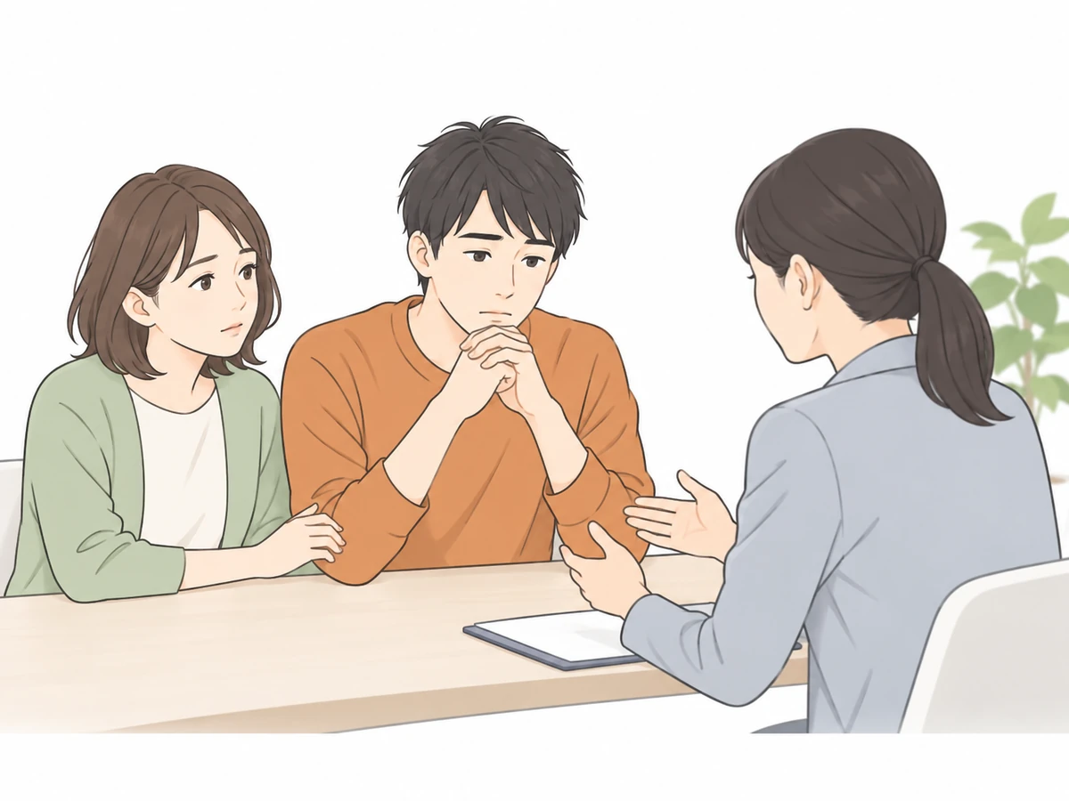 若い男性と家族が、相談相手の女性に話を聞く様子を描いたイラスト