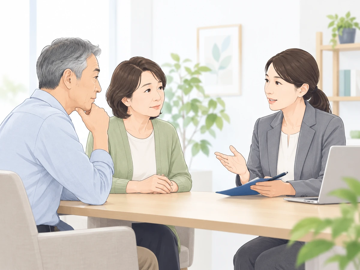 年配の男性と家族が相談員と話し合う、匿名の相談事例を表すイラスト