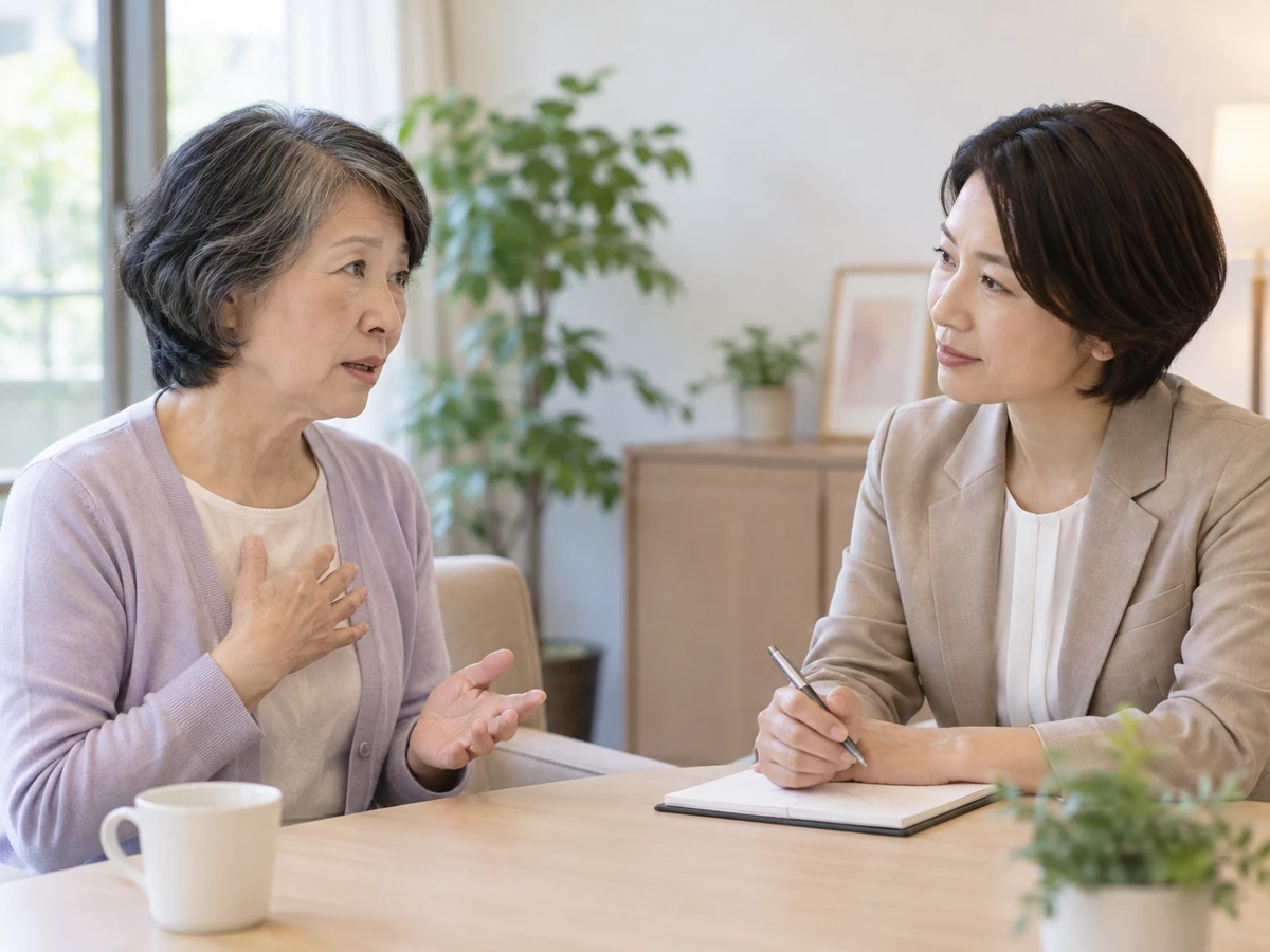 年配の女性が相談員に気持ちを話し、相談員がノートを取りながら聞いている。