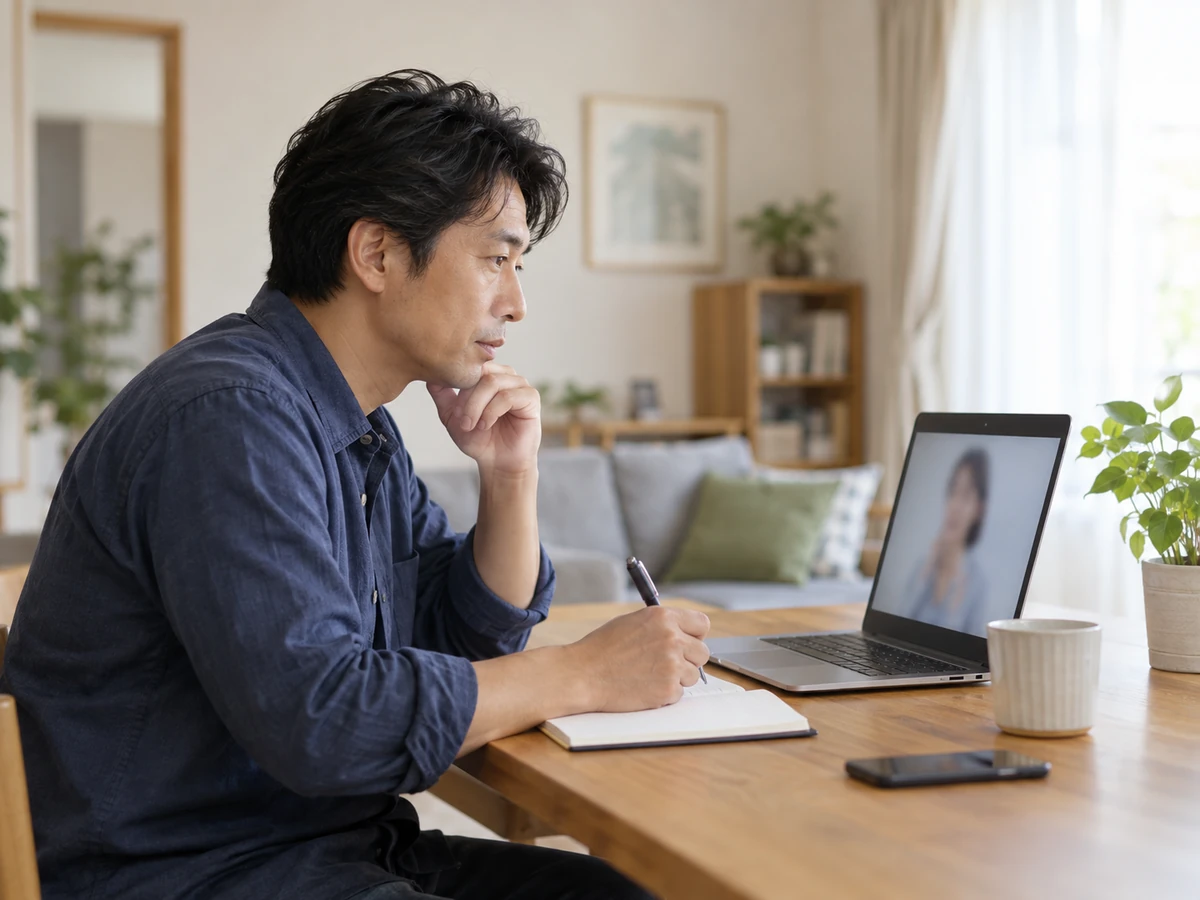 自宅でノートを取りながらオンライン相談を受ける男性