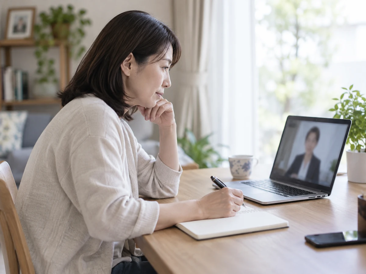 自宅でオンライン相談をしながら、女性がノートを取る様子