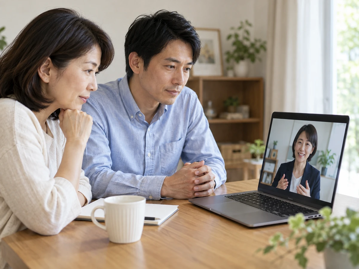 自宅のパソコンからオンライン相談に参加する家族