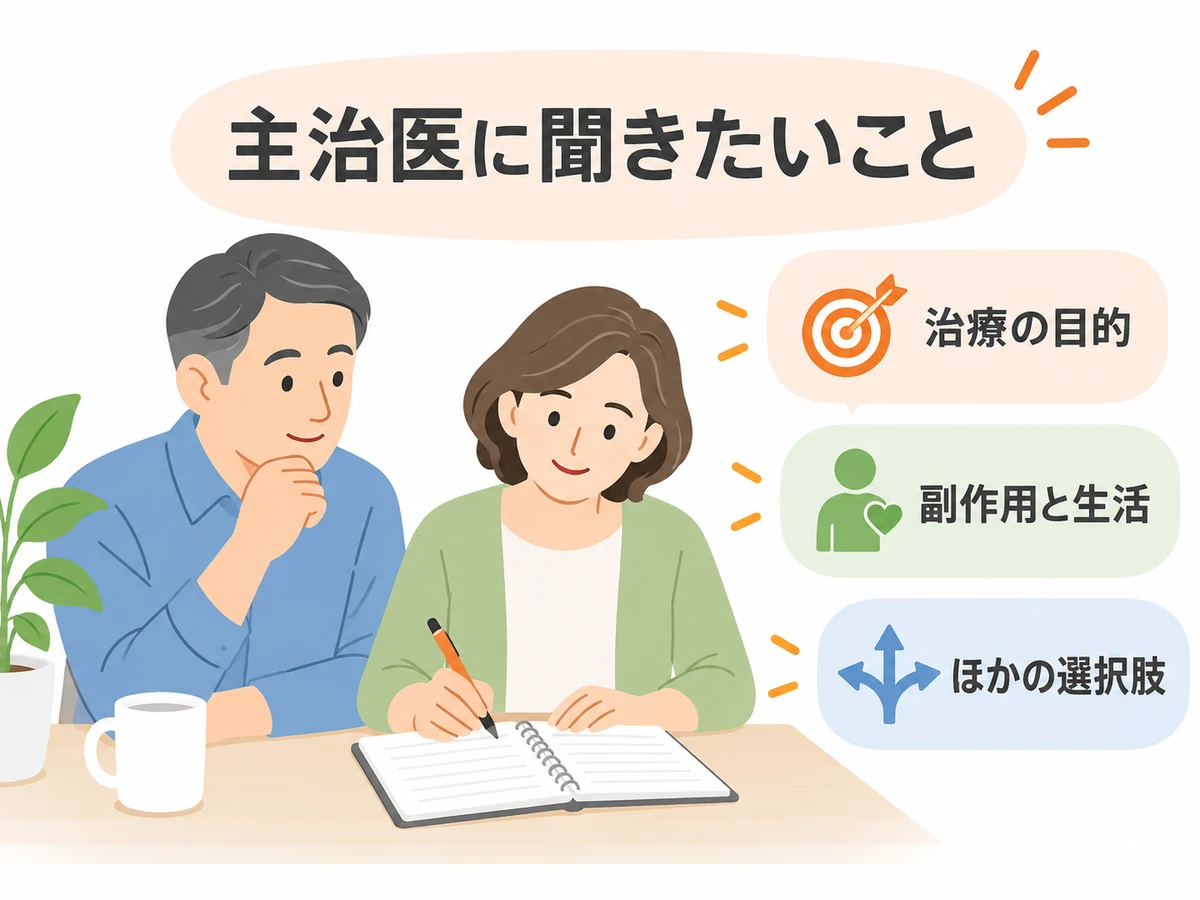 夫婦がノートに質問をまとめ、治療の目的、副作用と生活、ほかの選択肢を主治医に聞くことを示すイラスト。