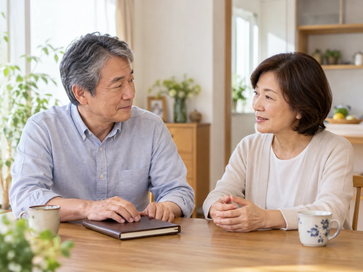 自宅のテーブルで今後について話す夫婦