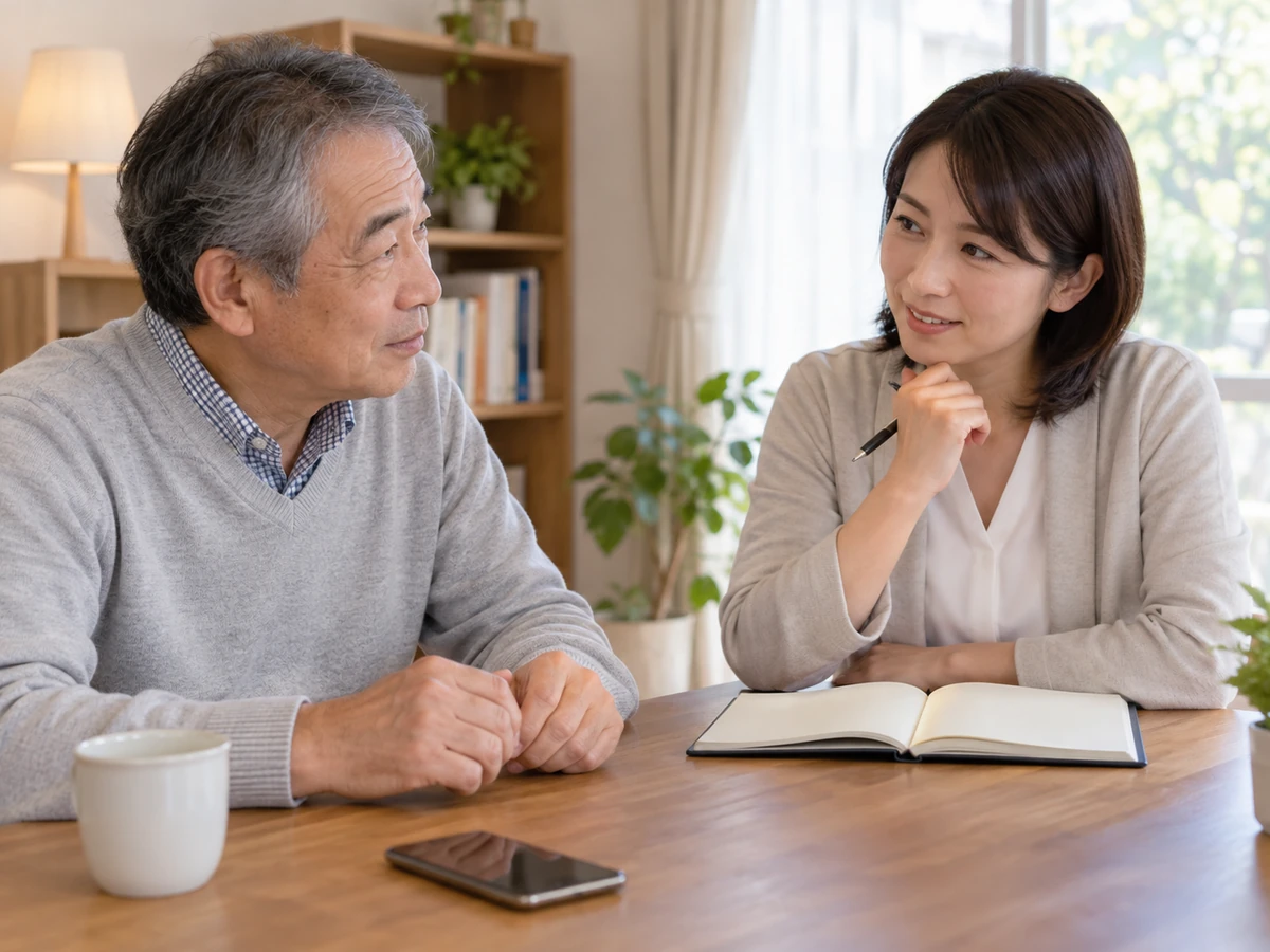 相談員と男性がノートを開き、気になることを一緒に整理しているイメージ