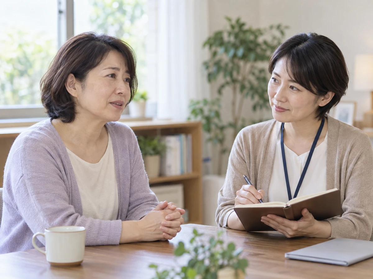 メモを取りながら女性の話を聞く相談員