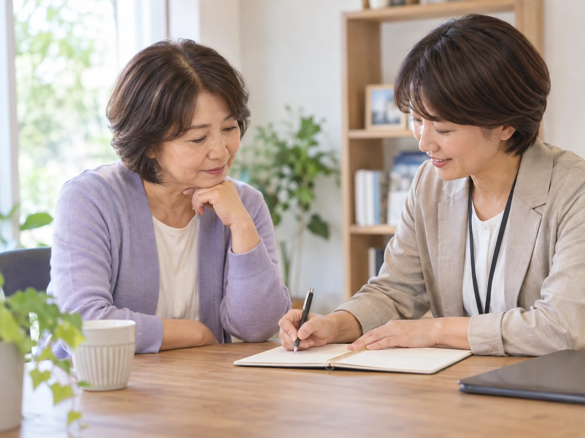 相談員とノートに書き出した内容を確認する女性