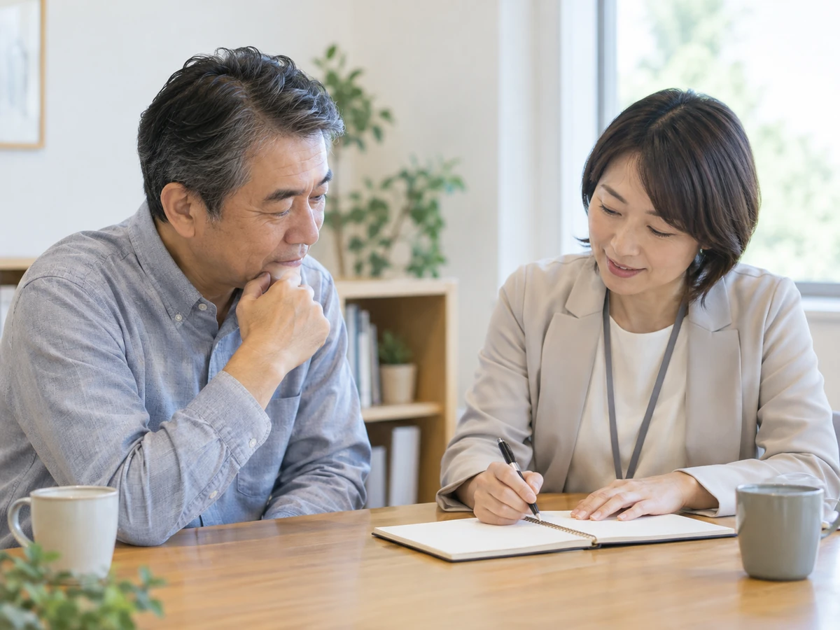 相談員と質問や希望を整理する男性のイメージ