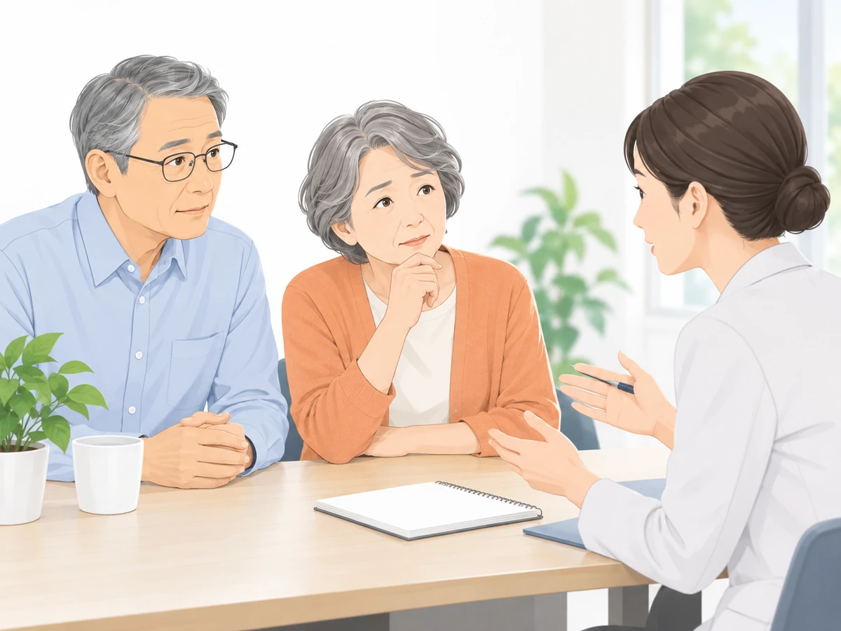 年配の女性と家族が、ノートを前に相談員の話を聞くイラスト。