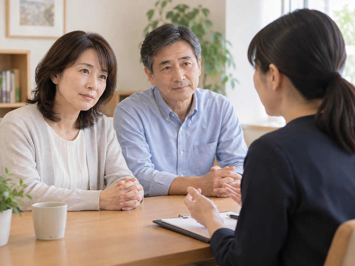 明るい相談室で夫婦が相談員の話を聞いている。